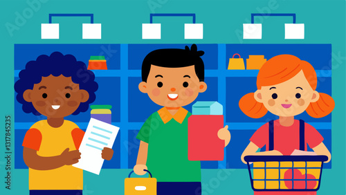Grocery Store Game A scene showing children shopping in a vibrant grocery store each holding a shopping list. They can be comparing prices on colorful products learning about
