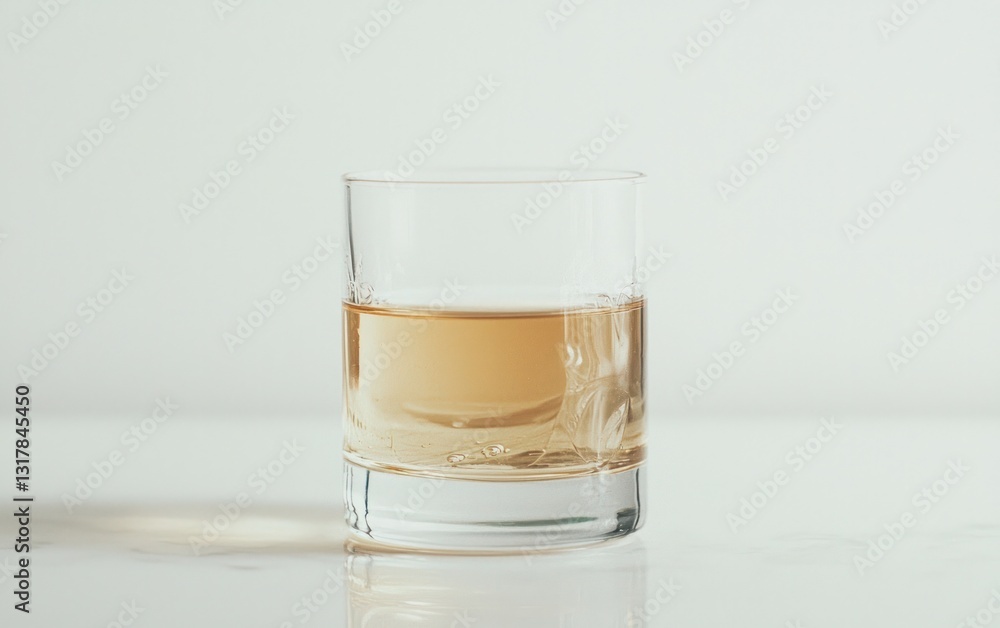 Amber Liquid in a Clear Glass on White Surface Amber Liquid in a Clear Glass on White Surface