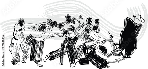 Abstract illustration of Aikido action, featuring fluid motion and dynamic figures engaging in martial arts techniques. Expressive brush strokes and flowing lines convey movement and energy