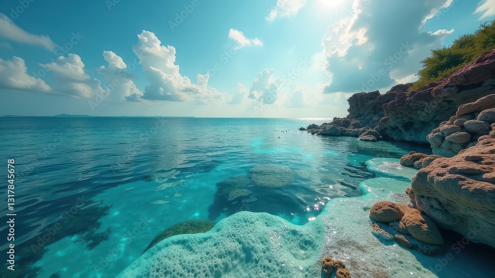 Split view of ocean surface and underwater coral reef with pink coral formations Split view of ocean surface and underwater coral reef with pink coral formations