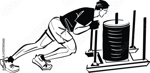 Illustration of a HYROX fitness event featuring athletes engaging in functional training exercises like sled pushing, rowing, and ski erg. Bold sketch style with dynamic action poses and green highlig