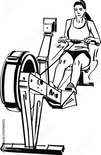 Illustration of a HYROX fitness event featuring athletes engaging in functional training exercises like sled pushing, rowing, and ski erg. Bold sketch style with dynamic action poses and green highlig