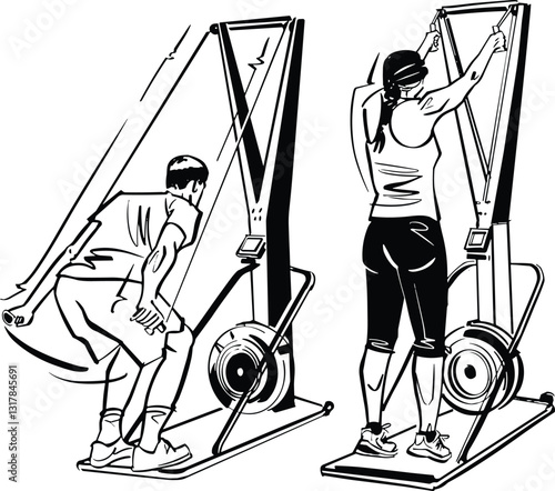 Illustration of a HYROX fitness event featuring athletes engaging in functional training exercises like sled pushing, rowing, and ski erg. Bold sketch style with dynamic action poses and green highlig