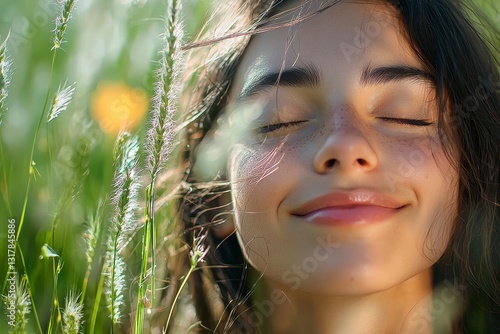 In a sun-kissed meadow, a woman finds solace, her eyes gently closed as a soft breeze caresses her skin, whispering secrets of nature's embrace The golden light dances on her face, a testament to the