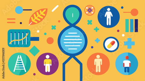 Infographic Elements A collage of icons representing various aspects of genetics and health including chromosomes DNA strands and healthcare symbols arranged around a central