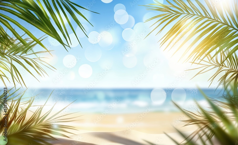 In a defocused, abstract background, a tropical summer beach under the sun with golden sand, sea water, and palm leaves is portrayed against the clear sky In a defocused, abstract background, a tropical summer beach under the sun with golden sand, sea water, and palm leaves is portrayed against the clear sky