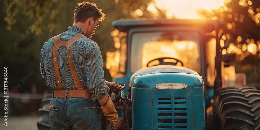 Farmer starting old tractor at sunset in countryside Farmer starting old tractor at sunset in countryside