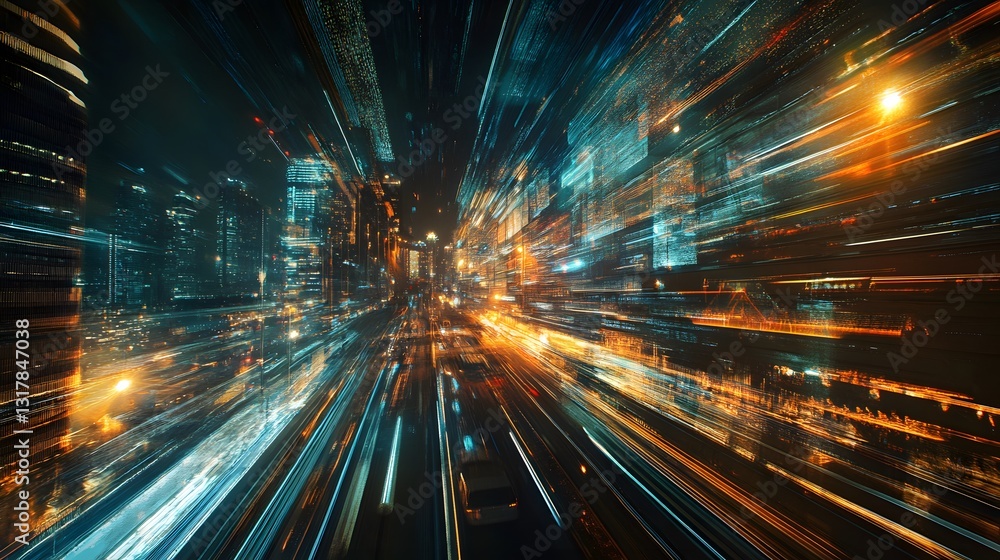 Cityscape in Motion: A captivating abstract cityscape is rendered with dynamic streaks of light and color, conveying a sense of speed and futuristic energy. Cityscape in Motion: A captivating abstract cityscape is rendered with dynamic streaks of light and color, conveying a sense of speed and futuristic energy.