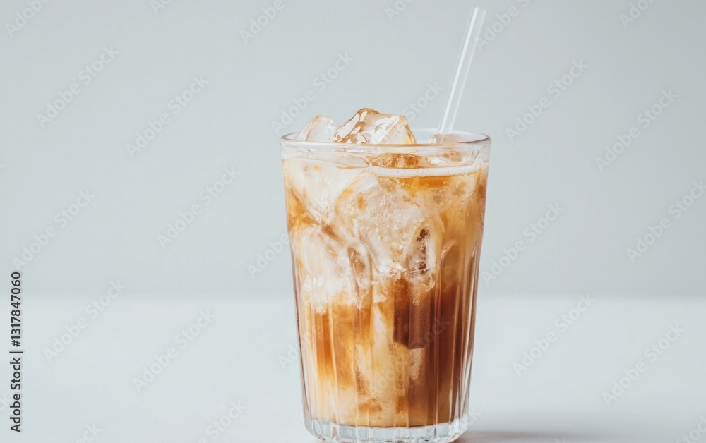 Iced Coffee in Glass with Ice Cubes on White Background Iced Coffee in Glass with Ice Cubes on White Background