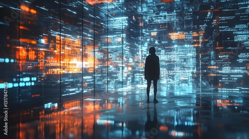 Wallpaper Mural A Glimpse into the Digital Realm: A solitary figure stands amidst a stunning display of data visualization, immersed in a futuristic cityscape of interconnected information. Torontodigital.ca