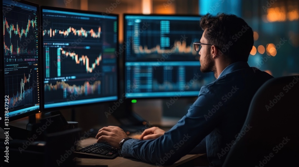 Financial analyst examining stock market information on multiple computer screens Financial analyst examining stock market information on multiple computer screens