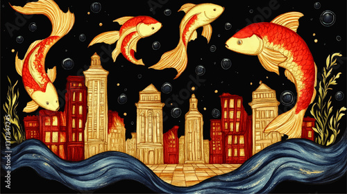 Vibrant Vector Illustration of Koi Fish Swimming Over Urban Skyline with Waves and Bubbles on Black Background - Surreal Cityscape Art with Goldfish