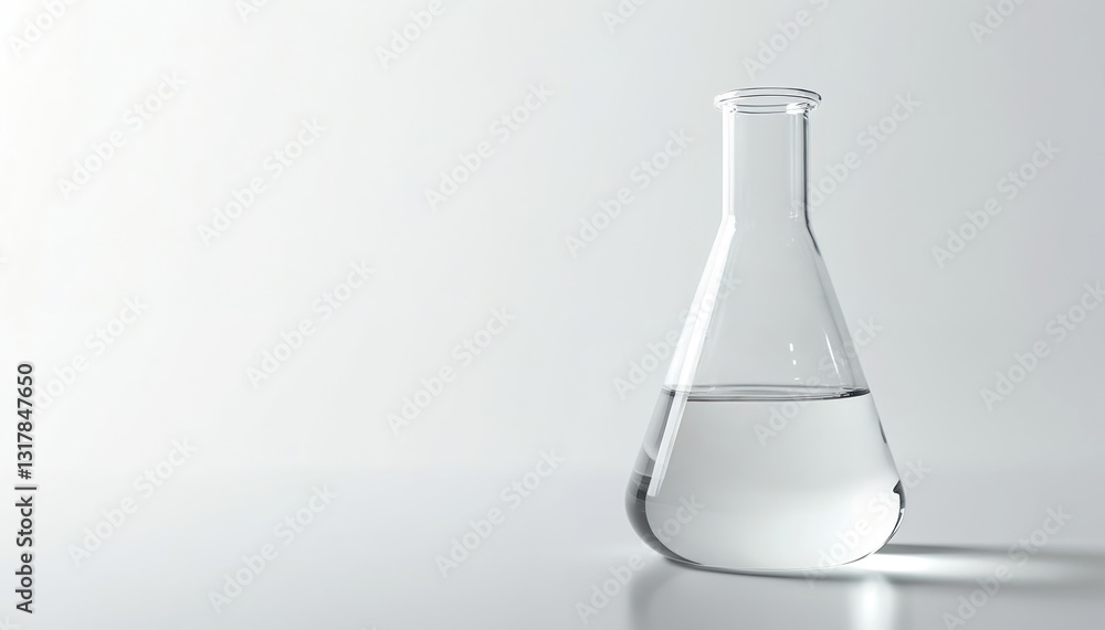 Clean shot of clear liquid in Erlenmeyer flask against white background. Minimalist design pure solution, scientific precision, research. Lab glassware signifies innovation, transparency, experiment, Clean shot of clear liquid in Erlenmeyer flask against white background. Minimalist design pure solution, scientific precision, research. Lab glassware signifies innovation, transparency, experiment,