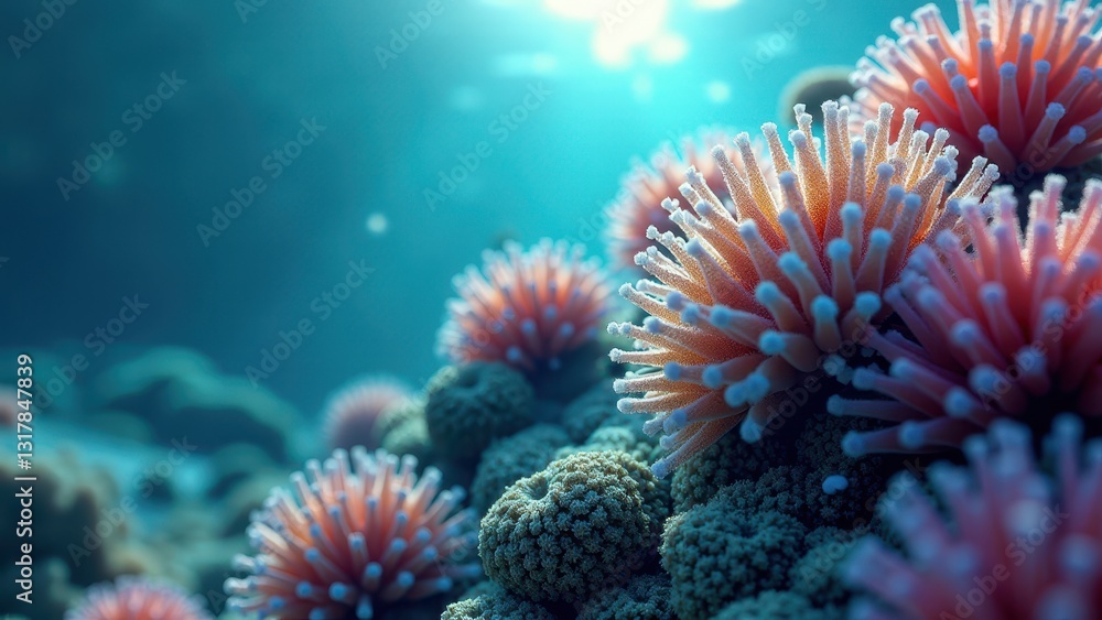 Obraz premium Close-up of coral polyps underwater showing signs of bleaching in a marine ecosystem