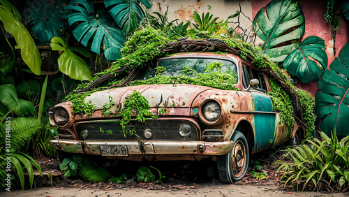 Rusty car covered with vines and tropical plants vator art.