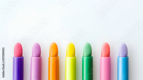 Collection of assorted colorful lipsticks arranged in a row against a clean white background showcasing various vibrant shades and textures with