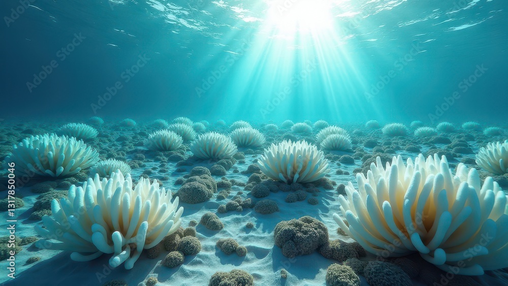 Sunlight shining on a seabed covered with bleached corals in an underwater ecosystem Sunlight shining on a seabed covered with bleached corals in an underwater ecosystem