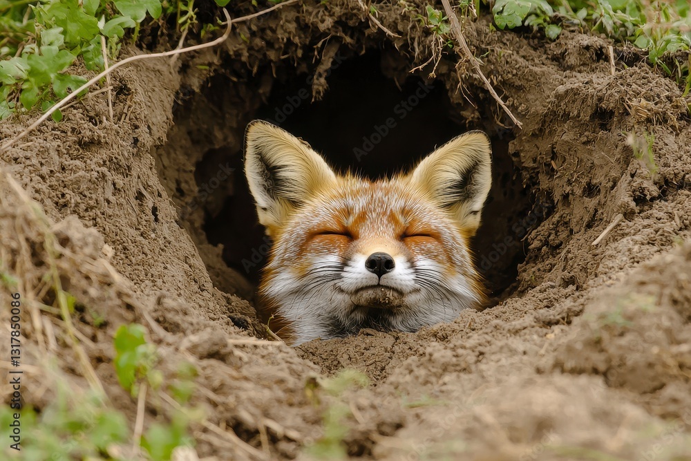 Naklejka premium In the embrace of the earth, a slumbering fox finds solace, its orange fur a gentle contrast against the cool, dark soil of its den Curled up tight, it embodies tranquility, a moment of pure