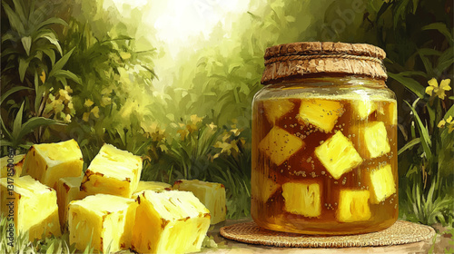 Refreshing Pineapple Cider in Glass Jar with Fresh Slices in Lush Greenery: Vibrant Summer Beverage Perfect for Tropical Fruit Lovers and Nature Enthusiasts