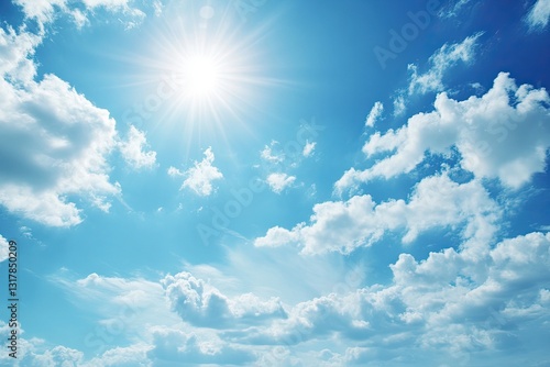 In the summer, a bright sun shines down on a blue sky adorned with clouds, creating a splendid reflection