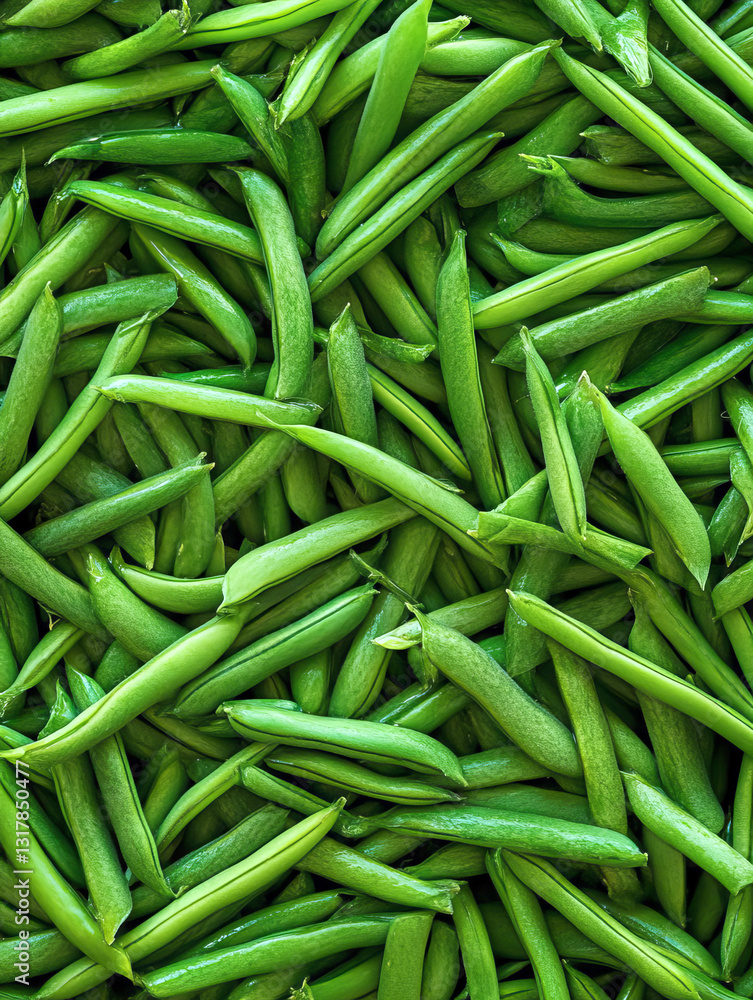 Close-up of fresh, vibrant green beans. Pile of raw green beans. Close-up of fresh, vibrant green beans. Pile of raw green beans.