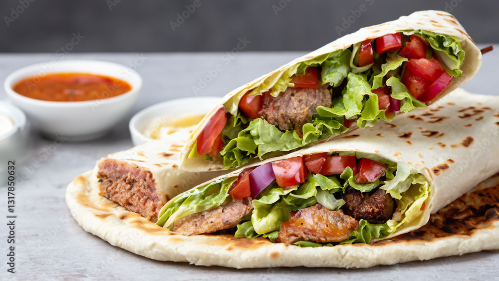Fresh grilled beef turkish or chicken arabic shawarma doner sandwich. Fresh grilled beef turkish or chicken arabic shawarma doner sandwich.