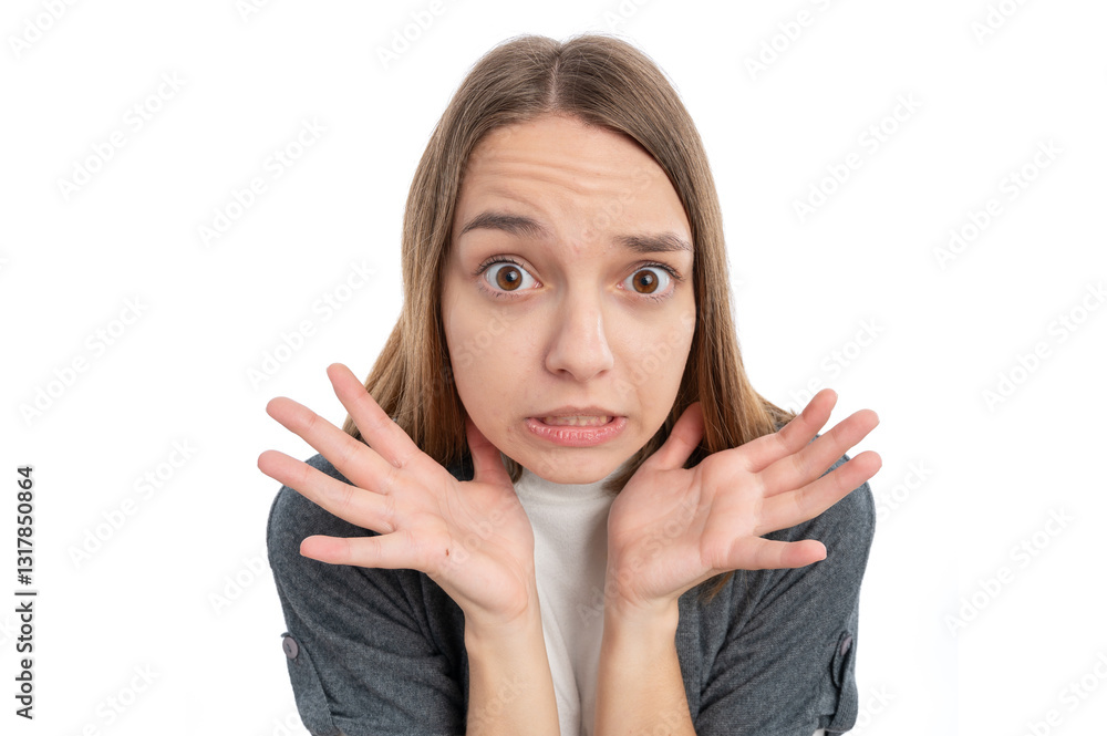 A young woman with a shocked expression, raising her hands in disbelief against a white background. A young woman with a shocked expression, raising her hands in disbelief against a white background.