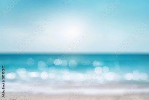 A summer backdrop of freshness captures the beauty of a blurry tropical blue sea and beach, where the waters shimmer and sparkle