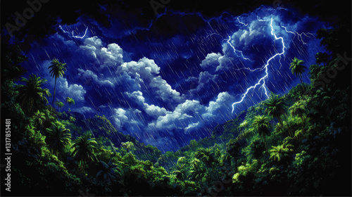 Dynamic Vector Image of Tropical Storm: Lightning, Dark Clouds, Heavy Rain Over Lush Jungle Environment with Green Palm Trees and Vibrant Natural Beauty