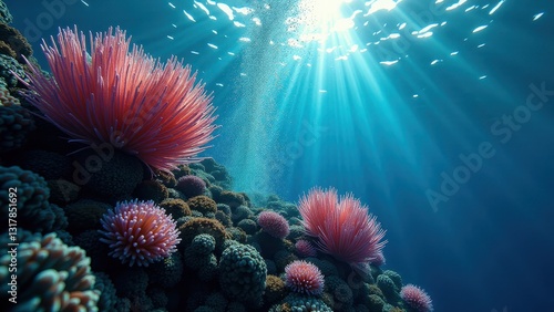 Sunlight shining on pink coral releasing bubbles in an underwater marine ecosystem	