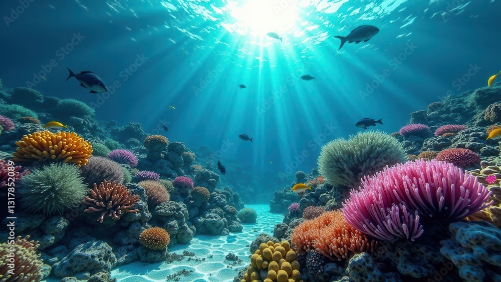 Obraz premium Sunlight shining through ocean water over a coral reef with fish swimming above 