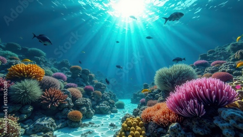 Wallpaper Mural Sunlight shining through ocean water over a coral reef with fish swimming above	 Torontodigital.ca