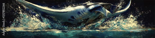 Stunning Vector Artwork of a Manta Ray Breaching Vibrant Ocean Waters, Capturing Dynamic Splash and Movement in Aquatic Life Scene