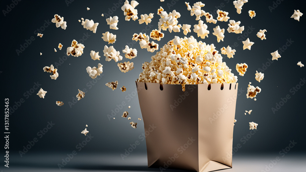Fototapeta premium Paper bag with cinema popcorn flying in the air on pastel gradient background.
