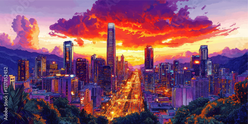 Vibrant City Skyline at Sunset: Urban Landscape with Skyscrapers, Colorful Sky, and Illuminated Streets – Artistic Evening Vector Illustration