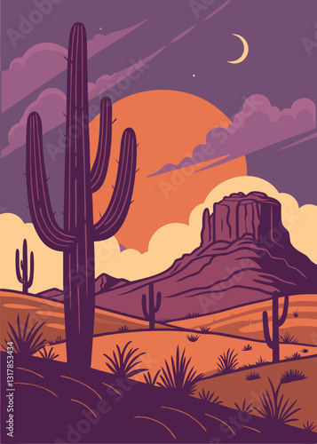 Saguaro National Park, Arizona, USA. Vector illustration. dramatic style vintage