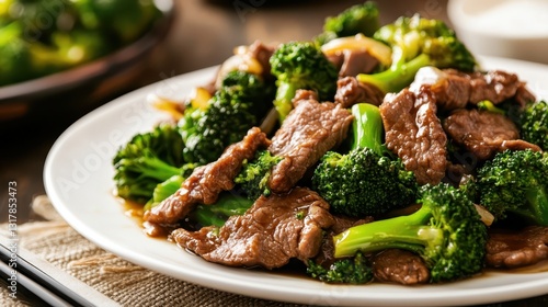 Savory beef stir fry with fresh broccoli and colorful vegetables served on a white plate in a cozy dining setting photo