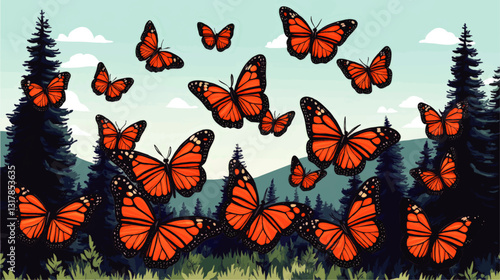 Vibrant Vector Illustration of Monarch Butterflies in Lush Green Forest with Pines and Mountains - Perfect Nature, Wildlife, and Butterfly Art for Decoration