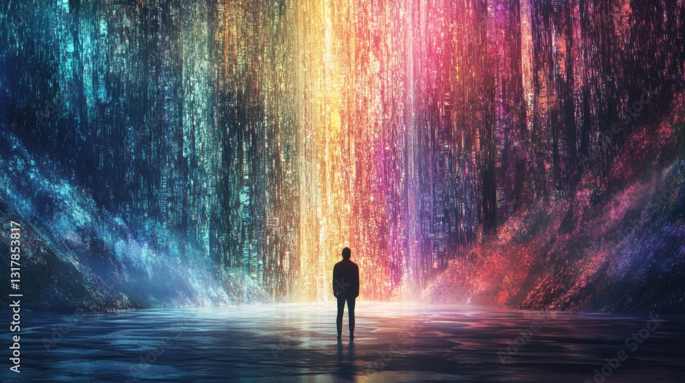 Obraz premium A man stands in front of a waterfall, looking up at the colorful display.