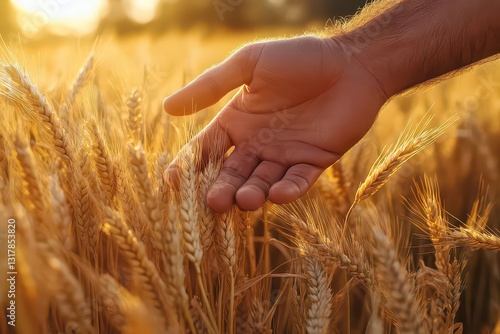 Bountiful Harvest Embrace A Close-Up Artistic Portrait of a Weathered Male Hand Grasping Golden Wheat in a Sun-Kissed Rural Field