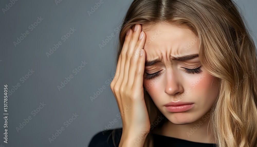 Young woman with blonde hair experiencing intense headache or migraine pain, holding head with hand against gray background, showing emotional distress and discomfort. Young woman with blonde hair experiencing intense headache or migraine pain, holding head with hand against gray background, showing emotional distress and discomfort.