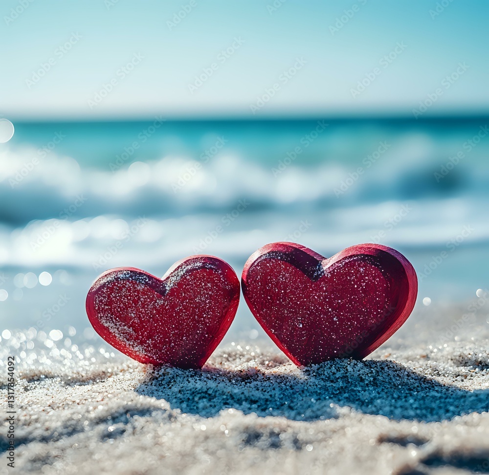 Fototapeta premium Two red glittery hearts on sandy beach with blurred turquoise ocean waves and bokeh light effects in background, romantic vacation concept.