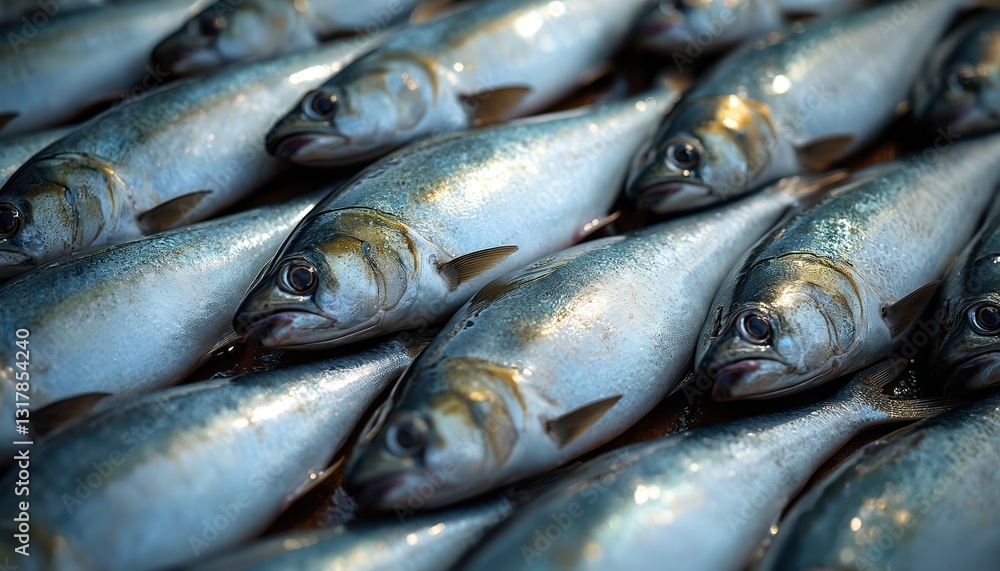 Fototapeta premium Fresh raw mackerel fish lies next to symmetrically on background. Seafood cooking ingredient flat lay, healthy balanced diet, tasty sea fish dish. Preparing food, restaurant supplier, market showcase.
