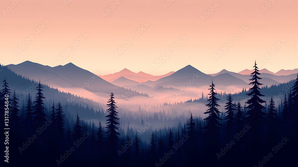 Obraz premium Misty mountain range at dawn. Lush forest silhouettes line the valley. Sunrise hues paint the sky