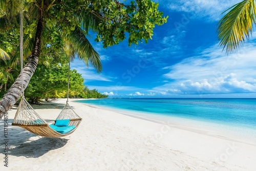 Fototapeta Naklejka Na Ścianę i Meble -  Tropical beach background as summer relax landscape with beach swing or hammock and white sand and calm sea for beach template. Amazing beach scene vacation and summer holiday concept. Luxury travel