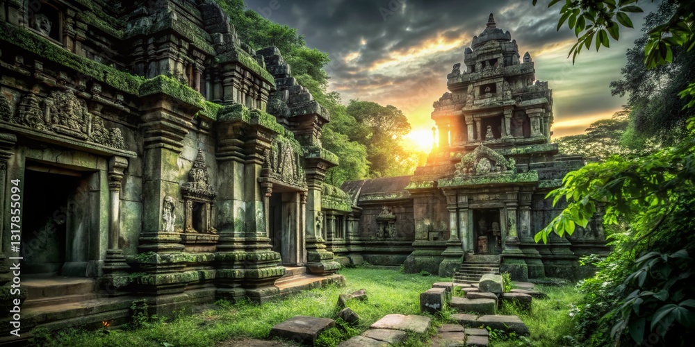 Obraz premium Ancient Sri Lankan Temple Ruins at Dawn, Mystical Atmosphere, Spiritual Serenity