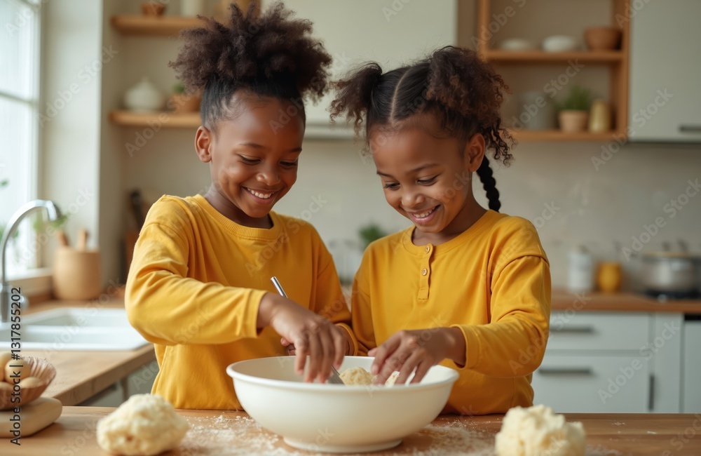Happy African American kids baking together. Girl, boy mix dough with flour in bowl. Children cooking, having fun in kitchen. Siblings spend leisure time at home. Childhood, happiness, family concept. Happy African American kids baking together. Girl, boy mix dough with flour in bowl. Children cooking, having fun in kitchen. Siblings spend leisure time at home. Childhood, happiness, family concept.