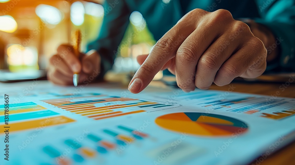 Fototapeta premium Detailed Analysis of Business Charts and Graphs on a Table Surface