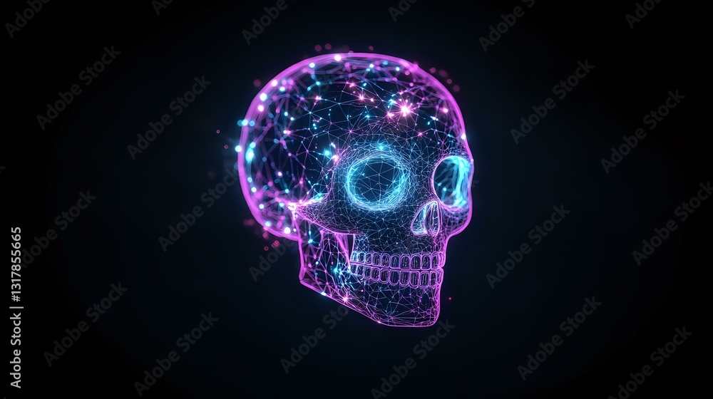 Glowing neon skull with digital particle effects in pink and blue colors against dark background, featuring network connections and cyberpunk aesthetic. Glowing neon skull with digital particle effects in pink and blue colors against dark background, featuring network connections and cyberpunk aesthetic.