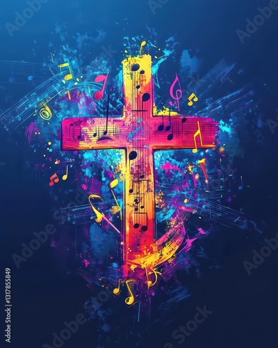Dynamic Gospel Music Concert Poster with Colorful Cross Music Staff and Notes on Vibrant Church Background